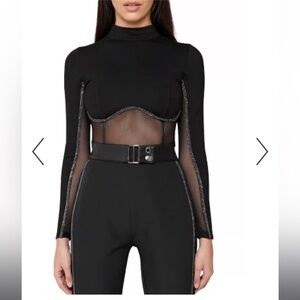 Maniere De Voir Embellished Long Sleeve Crop Top in black